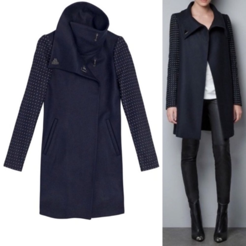 Size S ZARA Navy Wool Coat With Studded Sleeves